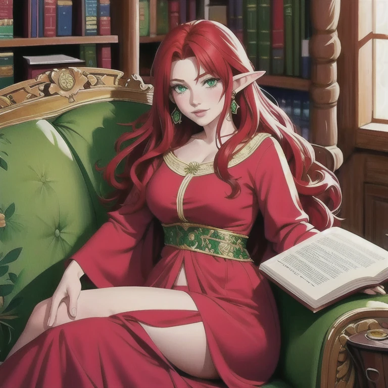 a beautiful elf princess with long red hair and freckles, sitting comfortably in an armchair in a cozy elf library, holding a big book, green eyes, hair between the eyes, wearing a floral outfit, flower earrings, full body sensual pose, watercolor medium, highly detailed, high resolution, photorealistic