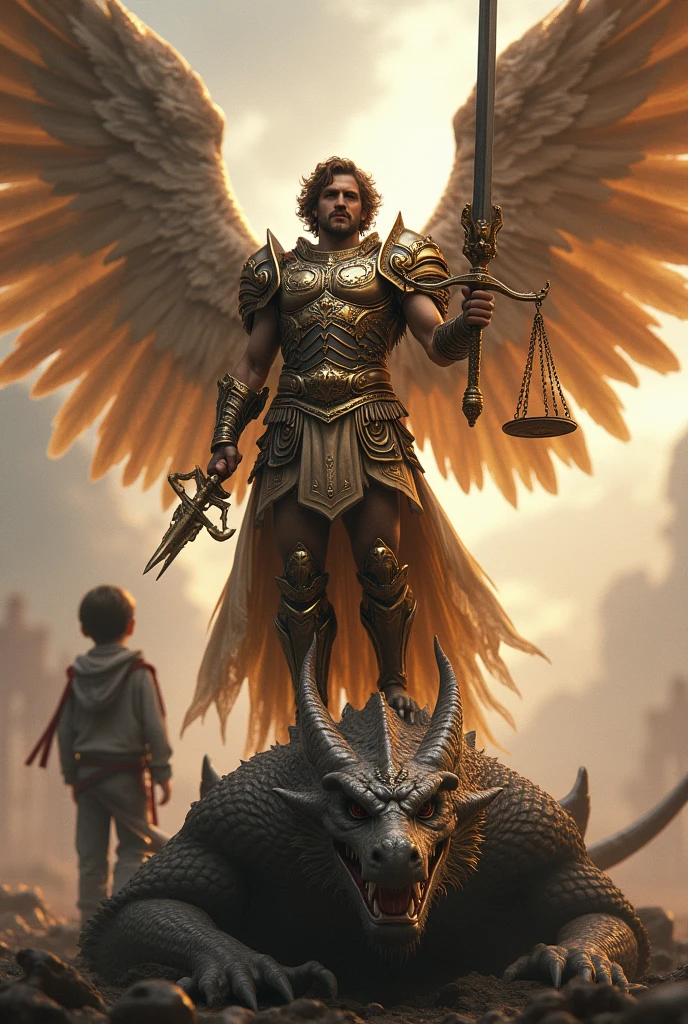 brown haired man angel, with eagle wings, roman armor, sword and scales in hand, stepping on top of a dragon, and behind the angel a 6-year-old