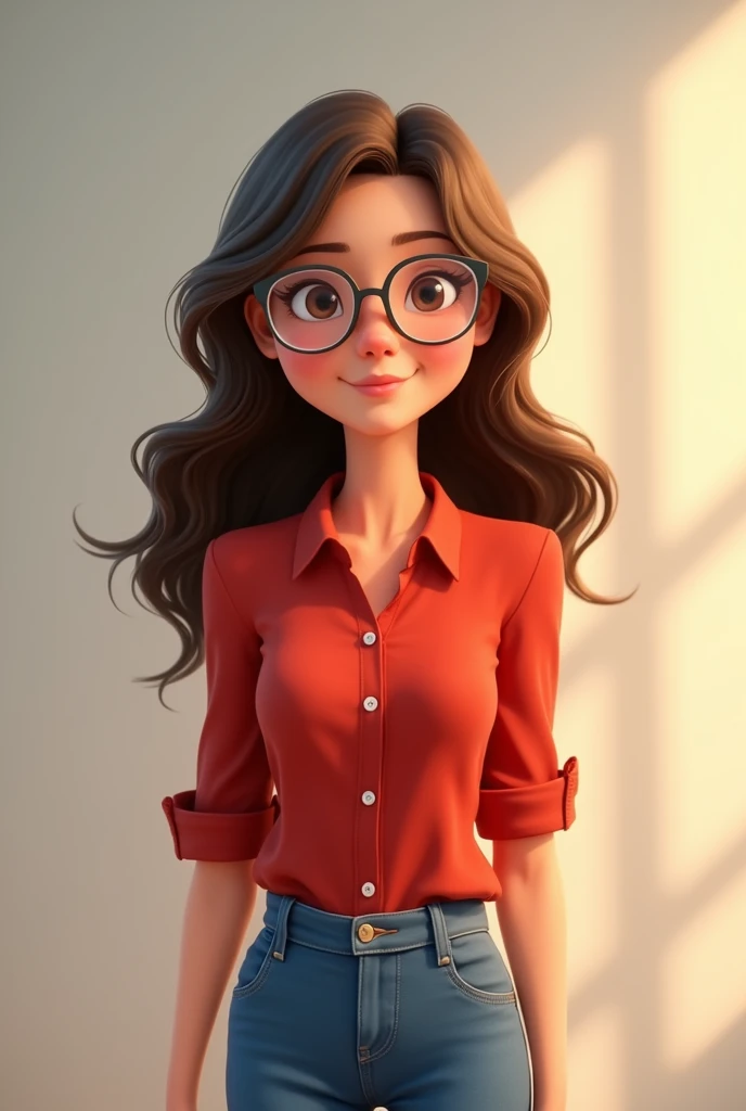 a teacher with long wavy hair, with transparent lenses, a little small, with a red blouse and blue jeans animated 2d