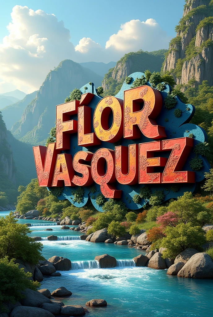 The word "Flor Vásquez" In 3D with high relief, featuring multi-colored letters against a backdrop of a beautiful landscape and a river.
