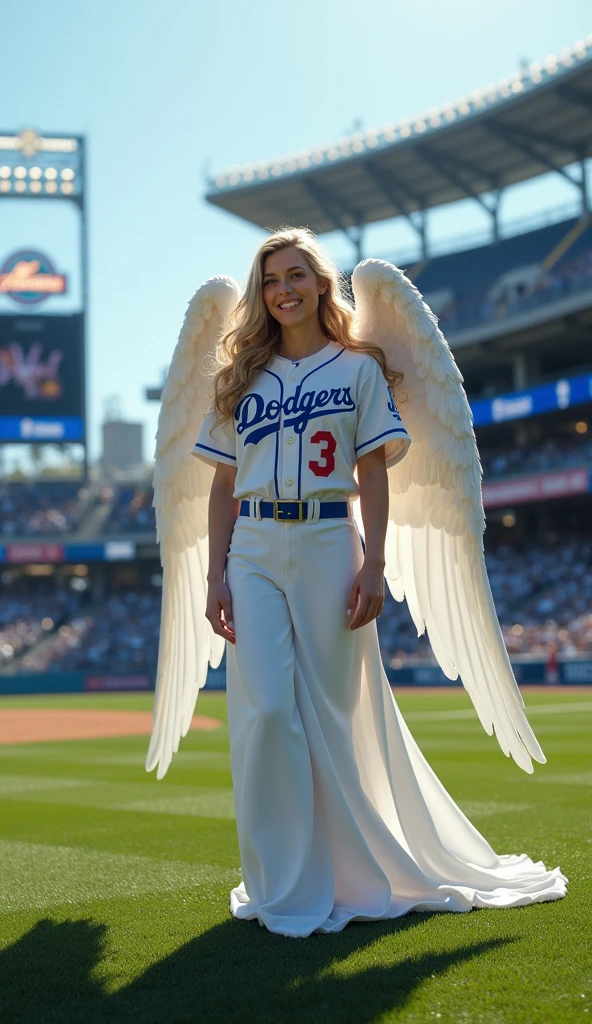 wearing a Los Angeles Dodgers uniform, A very beautiful angel standing at Dodger Stadium