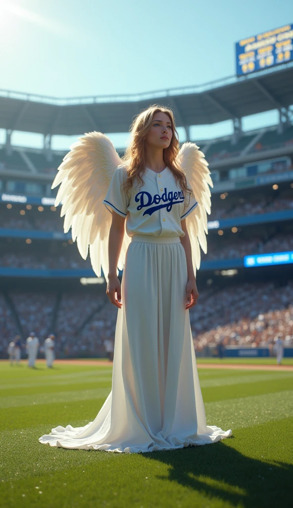 wearing a Los Angeles Dodgers uniform, A very beautiful angel standing at Dodger Stadium