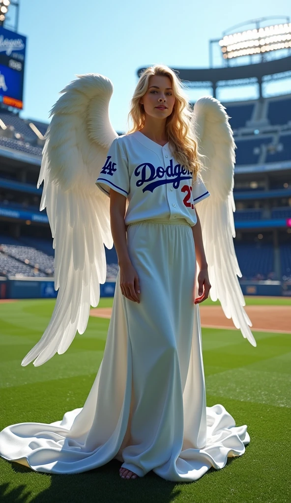 wearing a Los Angeles Dodgers uniform, A very beautiful angel standing at Dodger Stadium