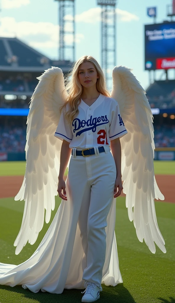 wearing a Los Angeles Dodgers uniform, A very beautiful angel standing at Dodger Stadium