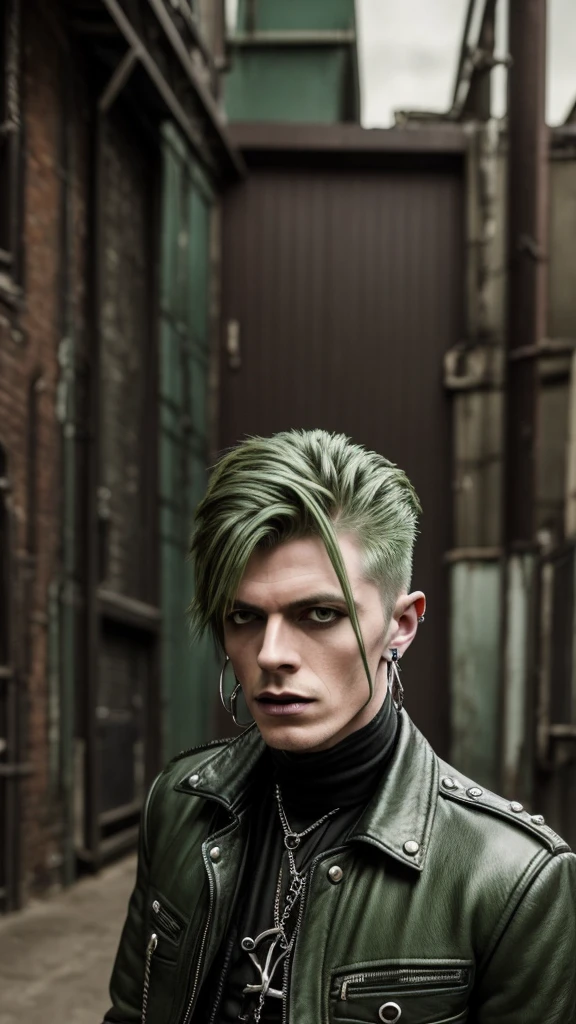 Rockstar, Stylish man, junkie style, Punk Style, Gothic style, cabelo de roberth smith, , youthful face, pale skin, silver hoop nose piercing, similar to David Bowie and Peter Murphy, background composed of industrial and vintage environment, 80s goth atmosphere, moss green tones in the environment, PICTURE REALISTIC, realistic character, 8k, high quality