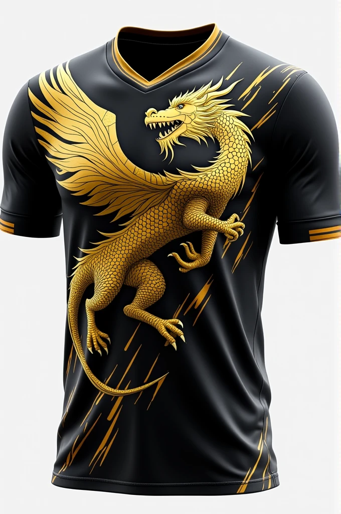 Create an interclass school futsal jersey that has a dragon and lightning bolt design on the print,and that it be black and gold.