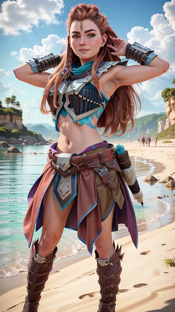 AloyHorizon, (((1solo, 1girl)) long hair, smile, red hair, hair ornament, navel, brown eyes, weapon, braid, parted lips, sky, day, midriff, red hair, armor, blue sky, tattoo, ocean, looking away, thick eyebrows, shoulder armor, freckles, showing ass, perfect ass, perfect proportions, half naked. Shaved armpits, full body. 