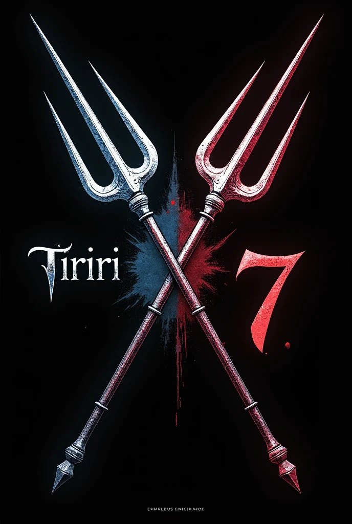 Black background Two crossed tridents in the middle of the image No black color On the right side a number seven On the left side written ( Tiriri )
