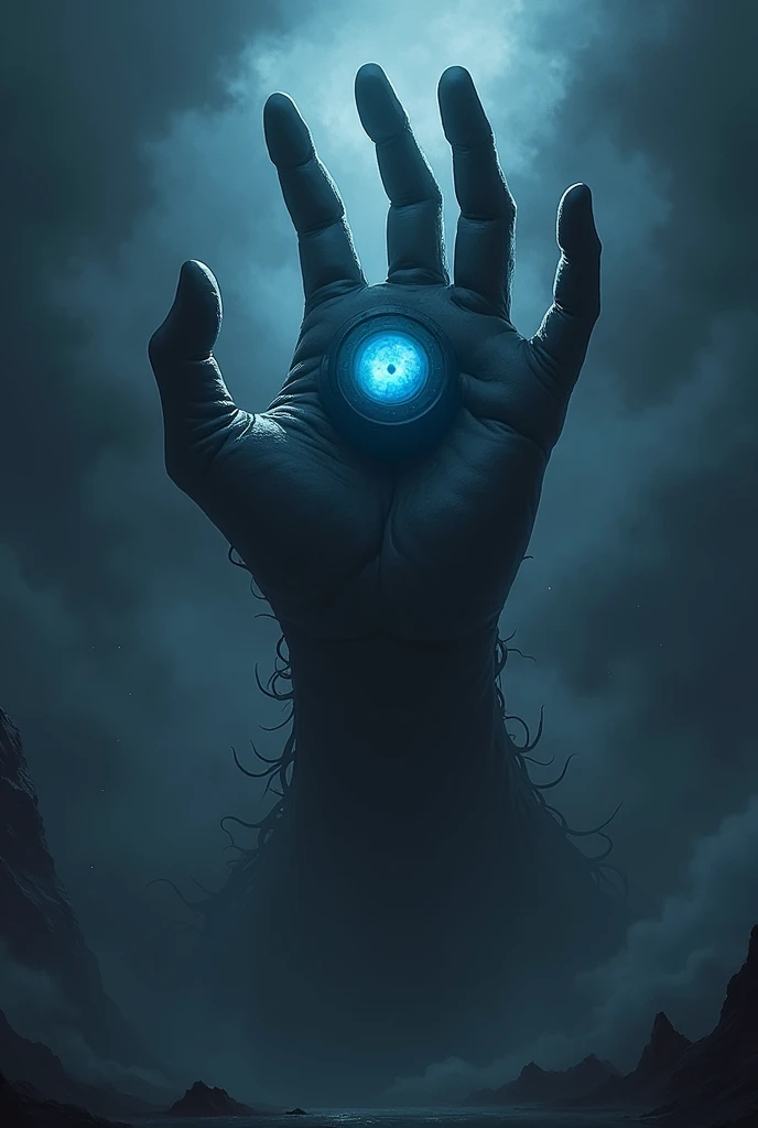 Terrifying space monster in the form of a floating hand (without a doll or arm) . It's gigantic and floats through space with nothing to hold it up.. It is black. It has a large eyelidless eye in the palm of its hand., blue in color and with a piercing gaze. The fingers are long and twisted, looking up.