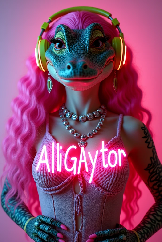 An ultra realistic adult alligator character,drag Queen from the interior of Minas Gerais ...dressed in flashy peasant clothes,very large gamer headphones in Neon ,large neon earrings matching the headphones .. full lips with lip filler and lots of makeup . Large gel nails ,very eye-catching ,all matching the LGBT flag. Long pink straight curly wigs....Character wearing an elegant diamond necklace..Full body
With the pink neon logo that says 'AlliGAYtor' in the foreground, gigantic,de corpo inteiro