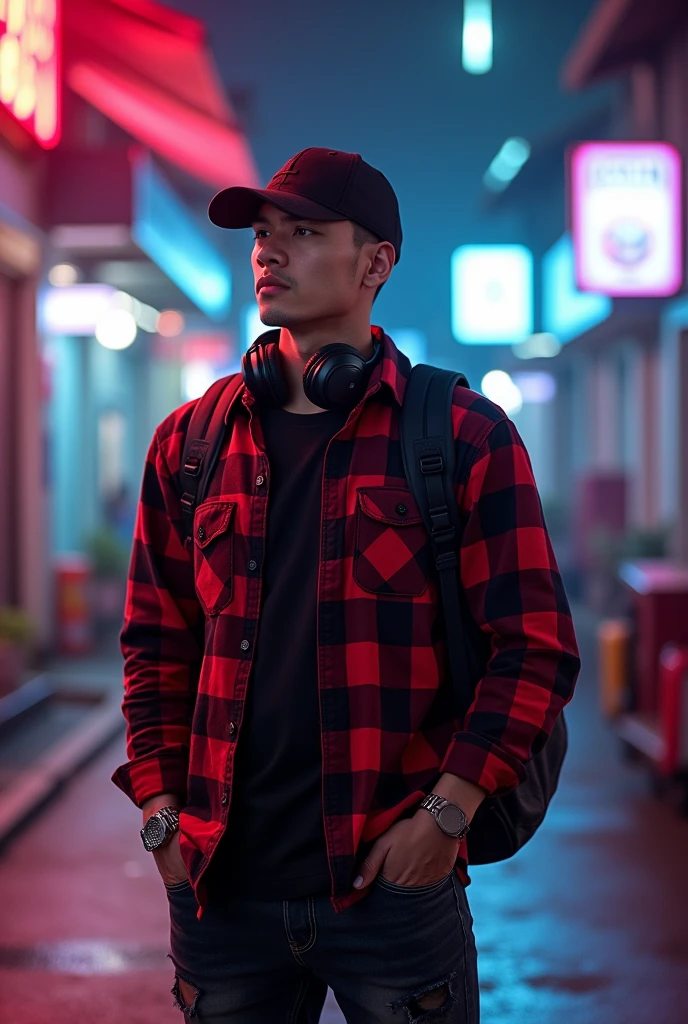 Hyper  realistic, a 28 year old Indonesia man running on the neon cyberpunk street, ideal body, look straight ahead, wearing dark red flannel shirt and dark ripped jeans pants and black hiking hi-shoes with black backward trucker hat, wear dark leather backpack, wear headphone, masculine photoshoot pose, arrogant man expression, romantic, Bandung night town as background. Use soft photography lighting. top lighting. top lighting, slide lighting, high quality photos, UHD, 64k. shot with Canon EOS 5D Mark IV, cinematic portrait, Realistic face, not changing face, no mustache, Real photo, unchanging face, background change. Real Picture 8k ultra, man, gamer, hyper detailed, sharp focus, studio photo, intricate details, highly detailed, photo real, bright colors, digital graphics, unreal engine, blender art, perfect composition, octane rendering, masterpiece, sharp focus, high detail, art station, concept art, perfect composition, a model of ultra-high quality and clarity, perfect play of light and shadow, 32k UHD, hyper-detailing, complex artistic masterpiece, ((best quality)), ((masterpiece)), (detailed), perfect face