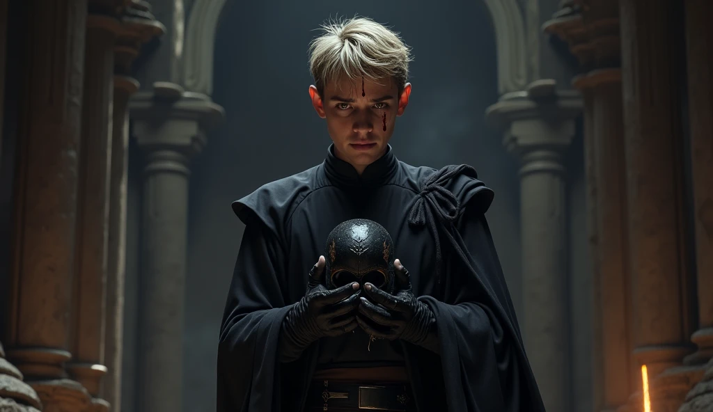 Character based on the world of Star Wars, a 15 years teenager male sith apprentice, dark blonder short haired, yellow eyes, dark simple cloats, inside a dark sith temple, high realism, perfect anatomy, perfect eyes, blood crying, broken sith mask, frontal, screaming