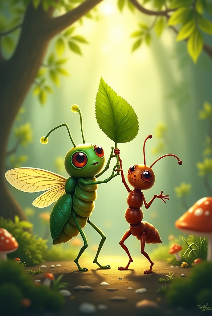 A cicada carrying a leaf and an ant carrying a leaf