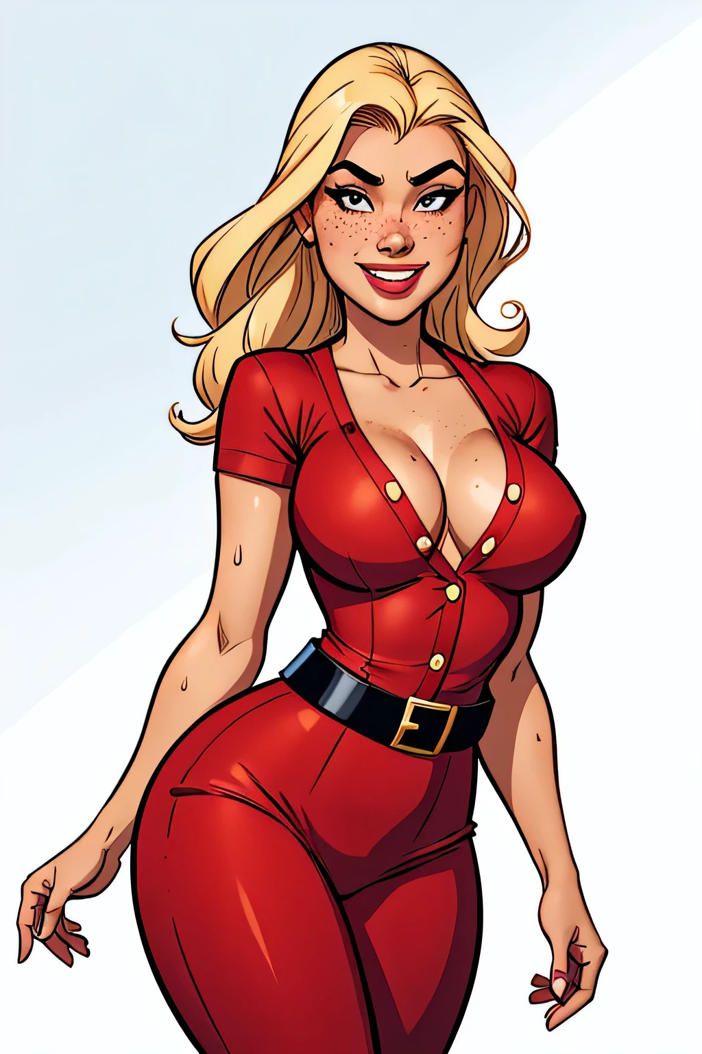 Thin woman, 4K (High definition), beautiful smiling, seducing gaze, teacher in red dress (of buttons) with V-neck and short sleeves, black belt, pele caucasiana, shoulder length blonde hair, standing, curvy with freckles and little beads of sweat running down her forehead and chest. marvel style, white background.
