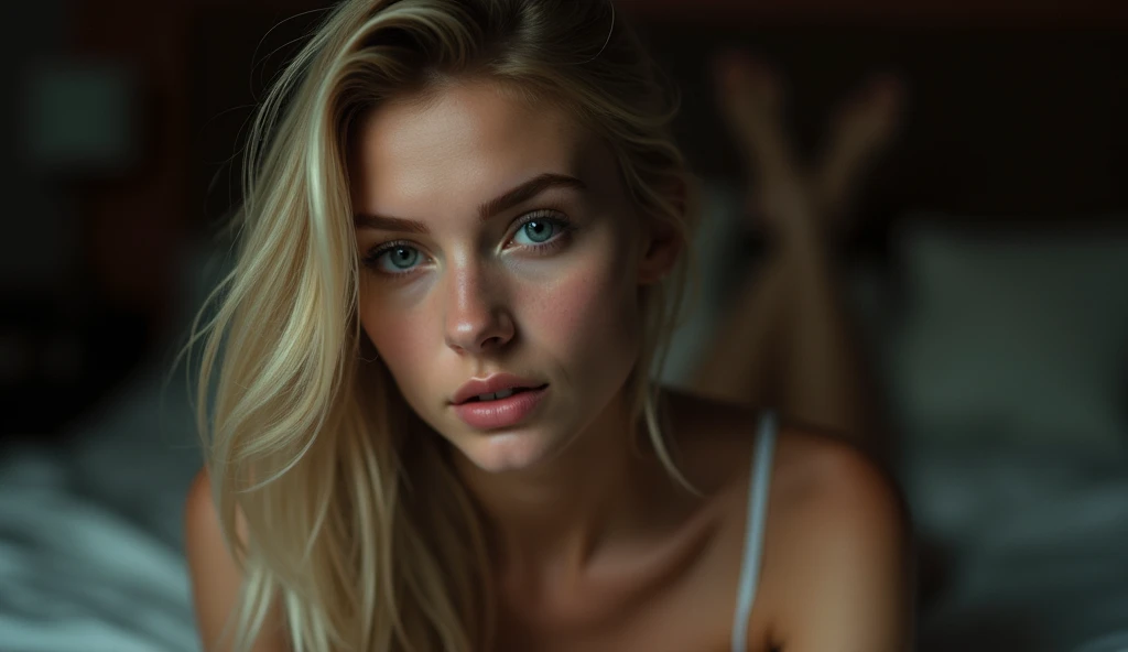 (((ultra realistic))) Photo, masterpiece, top quality, (pale skin), (Ultra detailed face and eyes:1.3), 27 years old woman smiling in anticipation, ((extremely irish pale skin)) , naked pink nipples, (detailed nipples), (subtle Eye makeup, mascara), ((thin small lips)), ((blonde glamorous medium hair)), ((glamorous Stylish hairstyle)) , ((((big) rounded) deep blue eyes)), subtle narrow jaw, (Natural medium breasts). ((Posing)), photoshoot, (Soft) Lighting, (The play of light and shadows in a dark bedroom), (special attention to skin detail: 1.2), Detailed leather texture, skin pores. (Warm atmosphere of the frame. color scheme - black, Red, green tones), UDR, ((Film grain)), ((open full body view, extremely detailed)) , ultra detailed, shyly subtle smile, shy sexy woman, (((translucent gaze t-shirt))), ((woman lies on bed expossing her sexy legs and hips from lateral view)), woman in white 2 pieces lingerie underware, (cozy night bedroom), ((slim long legs and beautiful rear)), ultra sexy sensual shy woman, symmetrical and perfect face, women lies on her back in bed looking at viewer