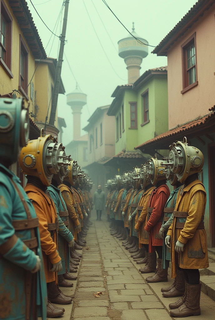 a group of creature with gear head worshipping, old town, pastel colors, surreal atmosphere, dreamcore, raw photo, film grain, 35mm, shot using 1960s camera
