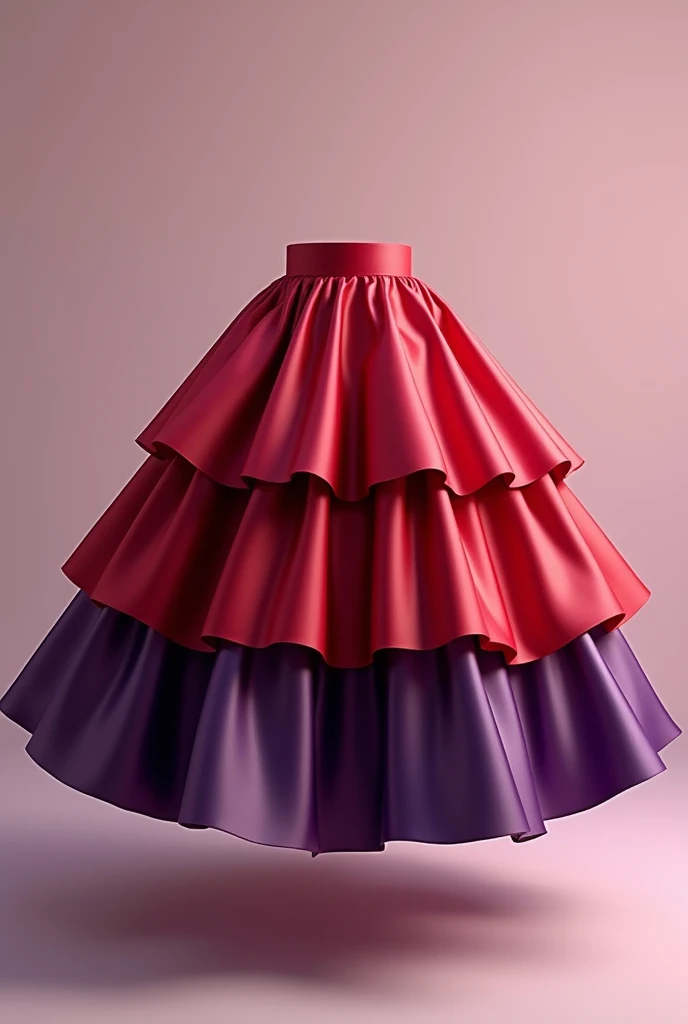 Create an image of a plain, unprinted satin circle skirt with seven layers in red and purple.
