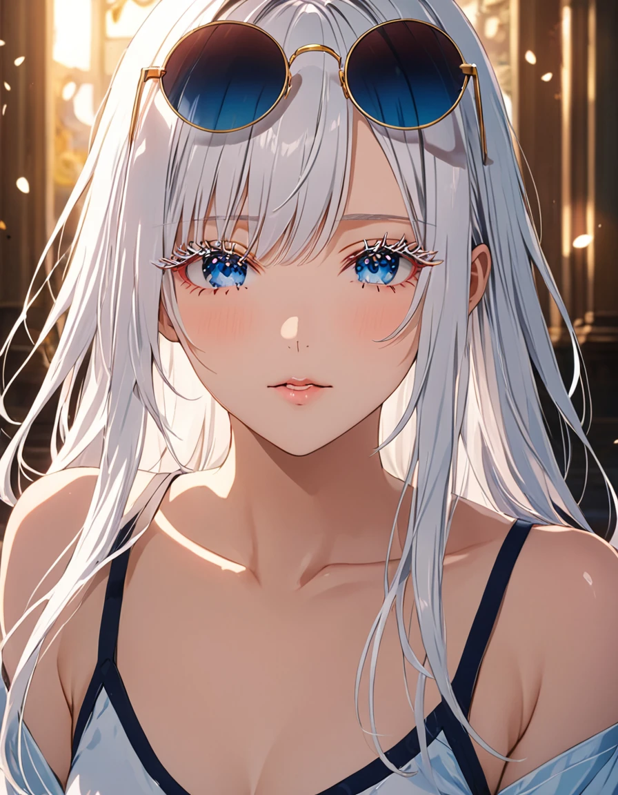 score_9, score_8_up, score_8, best quality,masterpiece,4k,very aesthetic,uncensored,rating_explicit,rating_questionable, anime_source, gojou satoru, genderswap \(mtf\), long hair, white hair, blue eyes, long white eyelashes, depth of field, stunning color, (white eyelashes:1.5), female focus, BREAK, 1girl, mature, looking at the viewer, (eyewear on head, round eyewear), smile, smirking, grinning, cropped t-shirt, black joggers, BREAK, Animated by Mappa studio, perfect composition, BREAK, cinematic lighting and shadow, dynamic pose, expressive, perfect face, perfect body,(masterpiece), (best quality), (ultra-detailed), very aesthetic, very detailed, high detailed texture, 8k,