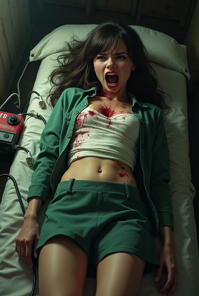 Girl lying on an old stretcher, she has an expression of horror because she is kidnapped, she is wearing a skirt, a green open jacket, and on her chest she has some old bandages with dried blood, and underneath them come out 2 cables that connect to a car battery next to her, and has her abdomen uncovered, revealing her navel, The terrified girl stares at the battery, Grab the cables with one hand and pull them, Feeling a sharp pain in her chest and letting out a scream