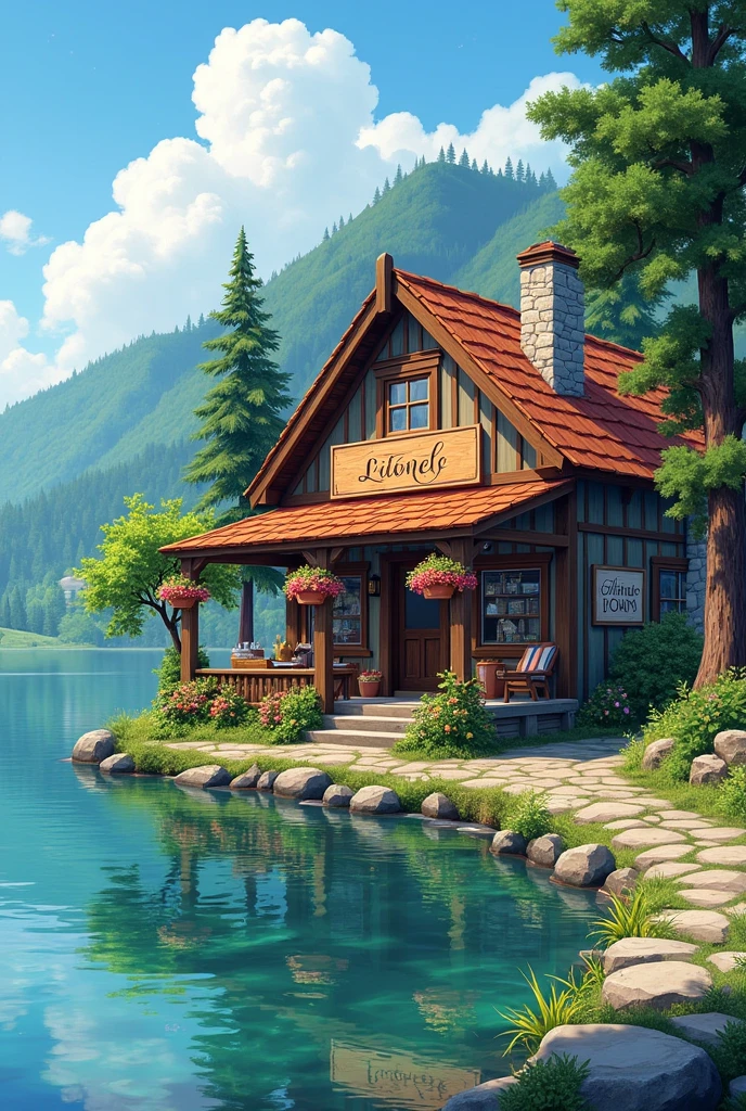 Create a drawing of a tourism shop on the edge of a lake