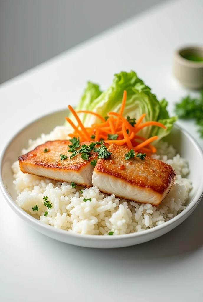 White Rice Plate , Fish Fillet and Cabbage Salad with Carrot