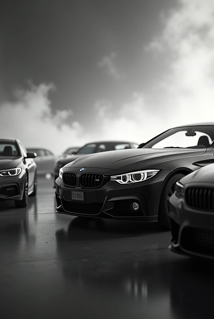 Blurred background with BMW and other car brands in black and white