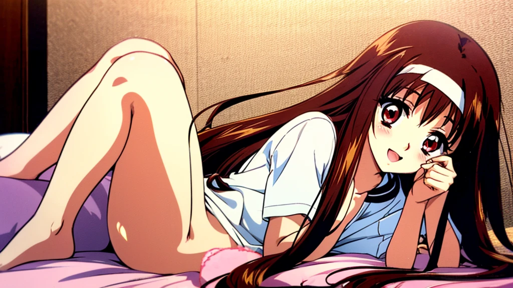 Yuuki Mizuho, One person, alone, Long Hair, hair band, Brown Hair, Red eyes, Open your mouth, blush, Lips parted, liar, On the bed, Cute Smile　Open your mouth　Lying on a pink bed, From above, retro artstyle, No underwear, barefoot, Lack of shoes, No skirt, 1990s (style), expensive quality, very_expensive_solve, big_file size, Full Color,(Accurate fingertips, Browse 4, Thumb 1)