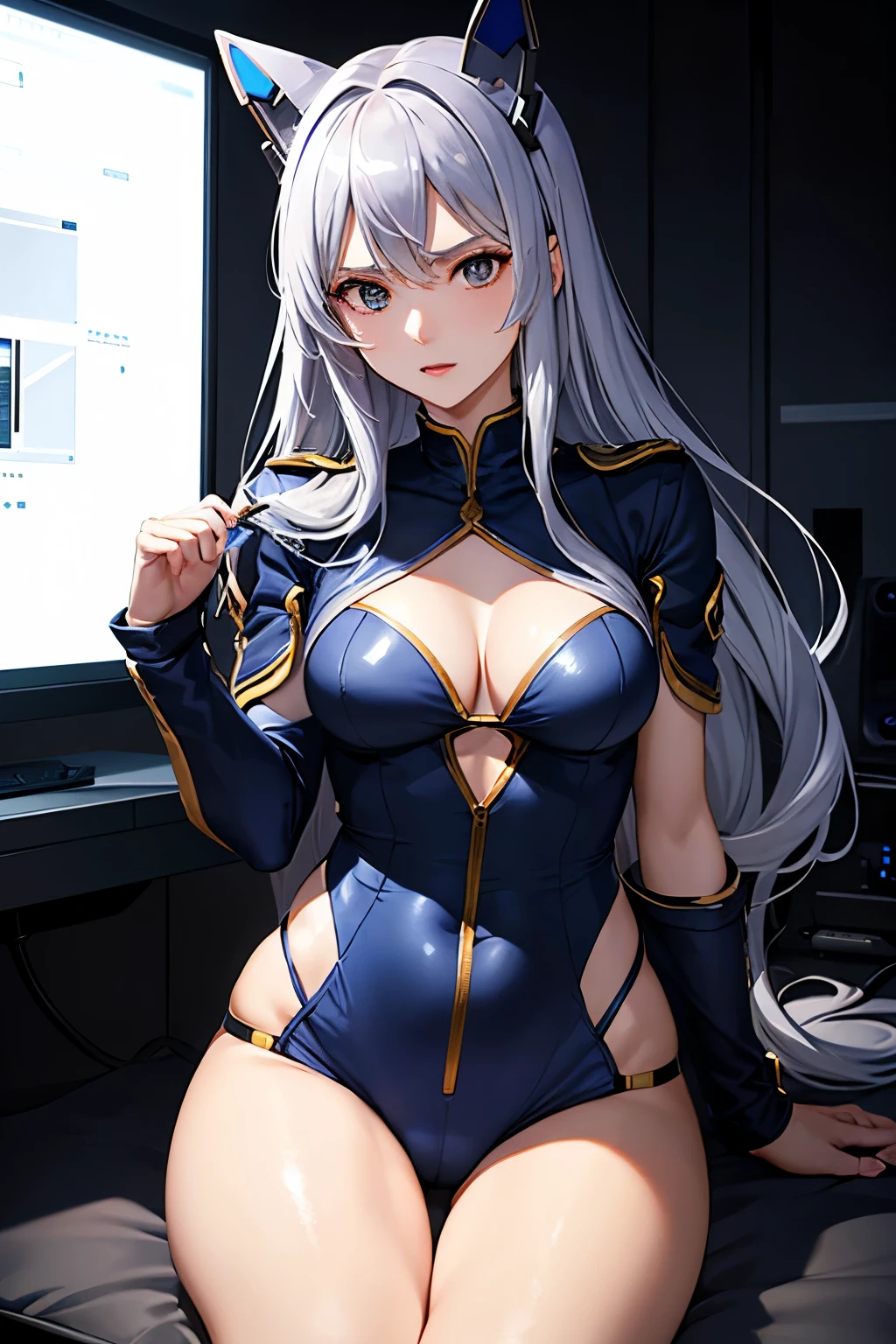 （（（Highest quality、first class、masterpiece、Normal body、8k、Detailed face、Ultra-precision、normal hand、Normal refer to、５refer to、Highest）））、Eternal Frail、Silver Hair、Long Hair、slender、Small breasts、Lady、kind、clear、pure、A blue suit that reveals a cleavage、Navy blue shorts、"SDGundamGジェネレーション"、Gundam、Mobile Suit Cockpit、Sit in the cockpit、Has a control stick、Surround monitor、Looking at the monitor、universeを翔る、universe、Fast Combat