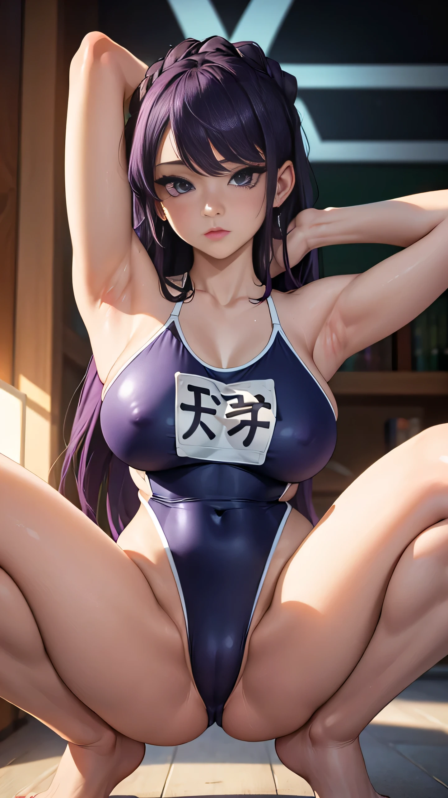 Permanently installed,White, ((Squatting, spread your legs)), raise arms, Arms behind head, 花媪ªé¸é‡Œ,1 girl,alone,purple hair,hair accessories,bangs,hair between eyes,purple eyes,bright pupil,hair intake,long hair,side lock, earrings, (((swimsuit))), (((Transparent school swimsuit)))、((large breasts:1.4)),Thick thighs,, Beautiful visual effects, HD,masterpiece,the best quality,, 18 years old,young women,beautiful fingers,beautiful long legs,beautiful body,beautiful nose,beautiful character design, perfect eyes, perfect Face,expressive eyes, looking at the audience,frown, official art,Extremely detailed CG unified 8k wallpaper, perfect lighting,rich and Farbeful, bright_front_Face_light,skin shiny, (masterpiece:1.0),(the best_quality:1.0), 超high resolution,4K,Super detailed, photography, 8k, high dynamic range, high resolution, Ridiculous:1.2, Kodak Portrait 400, film grain, blurred background, bokeh:1.2, lens flare, (Energetic_Farbe:1.2), (beautiful_Face:1.5),(narrow_waist), ,NSFW,