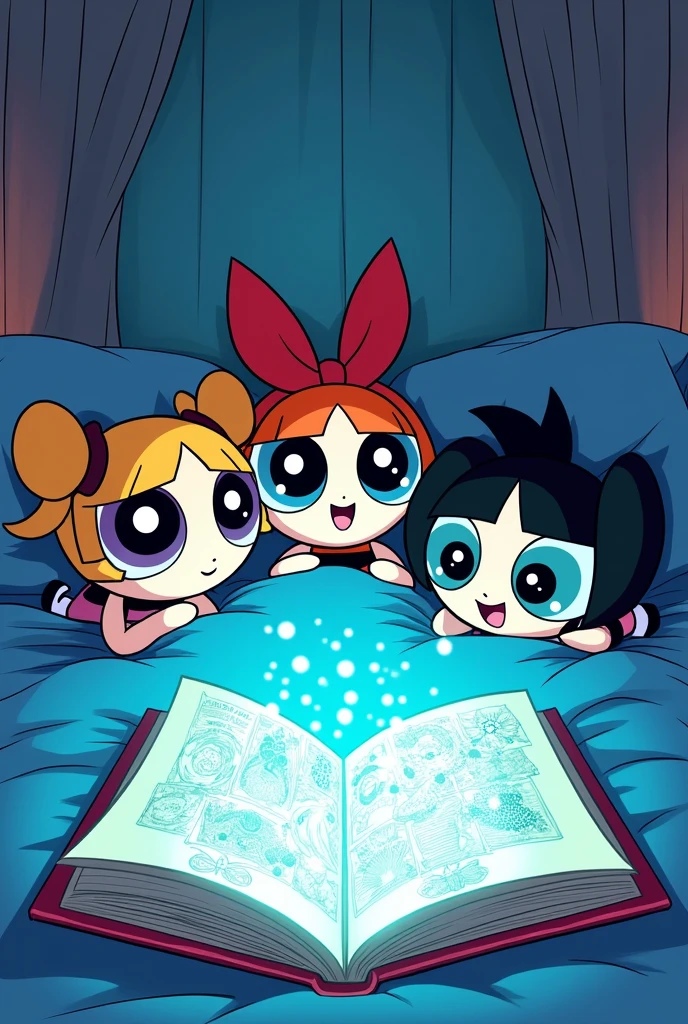Create a comic style cover for powerpuff girls with the title "The Powerpuff Girls and the Origins of Life: A Bedtime Adventure" blossom, bubbles, and buttercup laying in bed with a glowing book saying life and its beginnings with biology designs WRITING AND PRODUCTION JAIRA R. CRISOSTOMO 

Comics style