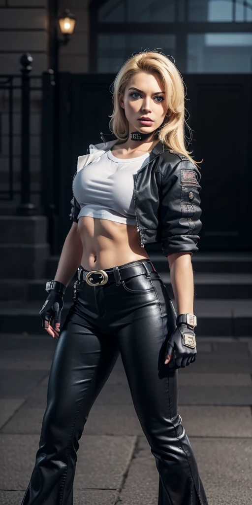 8k, best quality, real picture, intricate details, ultra-detailed, ultra highres, masterpiece, sonyablade, 1girl, solo, long hair, blonde hair, cute blue eyes, breasts, choker, crop top, cropped jacket, black fingerless gloves, full body, jacket, combat boots, lipstick, makeup, (abs:0.3), midriff, navel, black pants(Wide flares on pants:1.2),
