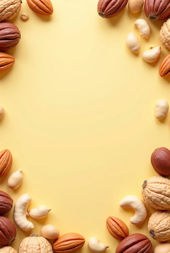 Cheerful horizontal background of various nuts with space in the center
