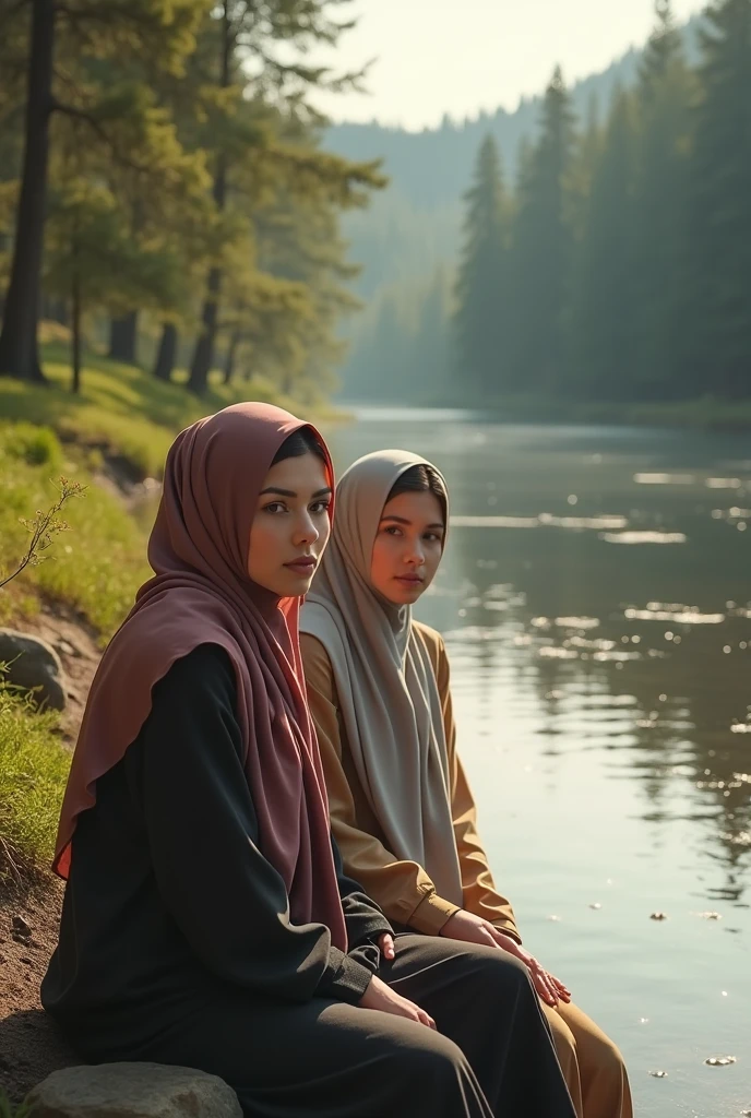  Women beautiful Russian hijabers  are sitting by the river that flows beautifully surrounded by fir trees on a clear morning with the light of the sun shining, shine it,facing the camera,