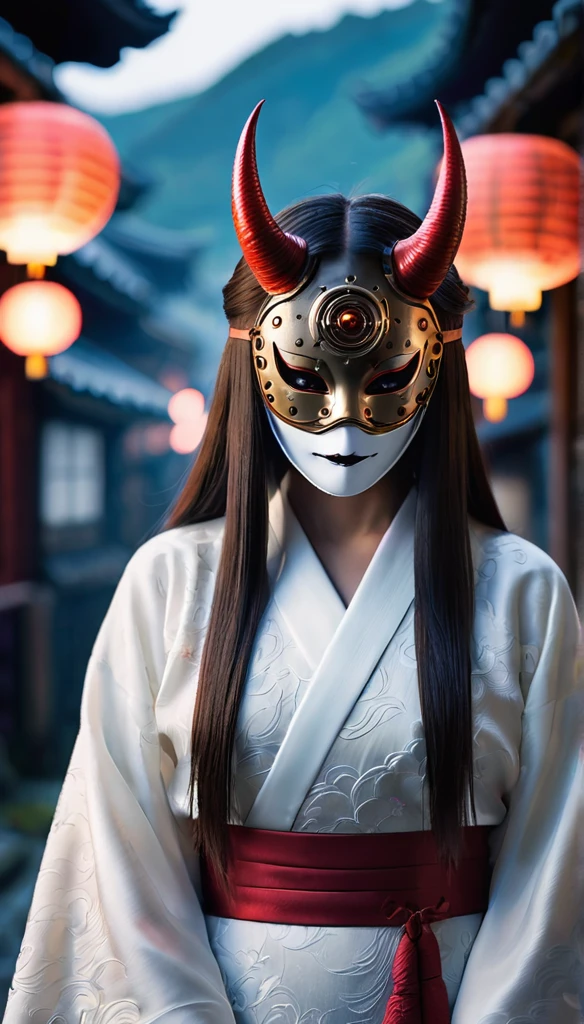 Red demon with a mask、Steampunk Japanese Town、There are a lot of monsters behind、Full Body Shot、Horror-themed movie stills,、Calm, Female yokai with long hair wearing a pure white wedding kimono,(Head size 1:4) (Full body portrait:1.3), (Detailed evil face of a woman:1.4), I'm wearing a kimono, Shallow depth of field, Vignette, Very detailed, High budget, Bokeh, CinemaScope, Sulky, wonderful, Horror Nice, Film Grain, granular . spooky, Concerned, dark, spookyな, Suspenseful, strict, Very detailed