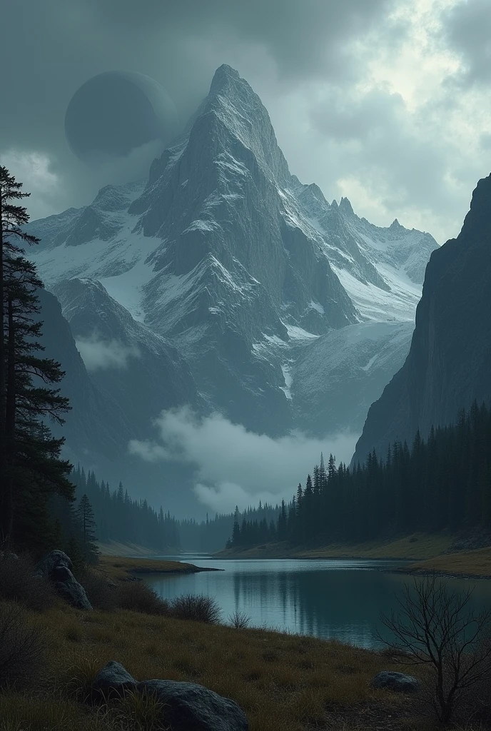 A dark, brooding view of a mountain range under a stormy, overcast sky. The peaks are rugged and bare, with patches of snow, and the lower slopes are shrouded in dense, shadowy forests. A somber, still lake lies in the valley, reflecting the muted colors of the sky and mountains. The grassy meadows near the water are sparse, with only a few scattered, withered plants. The sky is a tumultuous mix of greys and blacks, with heavy clouds threatening rain. In the background, a giant dark sphere looms ominously in the sky, adding an otherworldly and mysterious element to the scene. The atmosphere is bleak and oppressive, capturing the raw, melancholic beauty of nature.