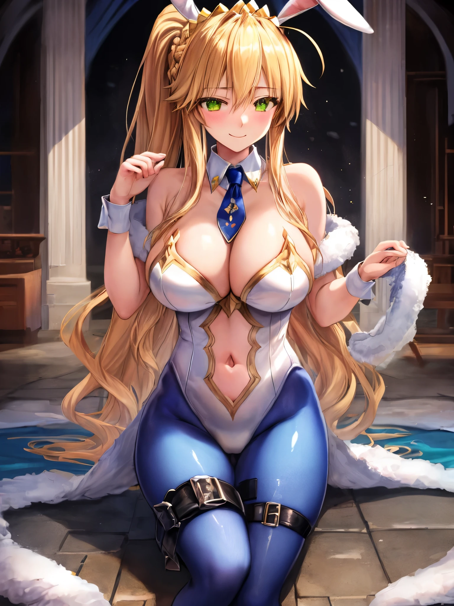 masterpiece, best quality, absurdres, soft lighting, looking at viewer, solo, light_smile, shy,
1girl, ahoge, rabbit ears, playboy bunny, artoria pendragon \(swimsuit ruler\) \(fate\), large breasts , blonde hair, green eyes, french braid, pony tail
bare shoulders, large breasts , cleavage,
clothing cut out, wrist cuffs, detached collar, navel cutout, feather boa,
white leotard, blue necktie, blue pantyhose, single thigh strap, hands_on_head,put_hands_up,
squat,gorgeous_fountain_landscape_background,solo,rabbit_posing,large_thighs,Extend_fingers,palm,open_legs,.solo