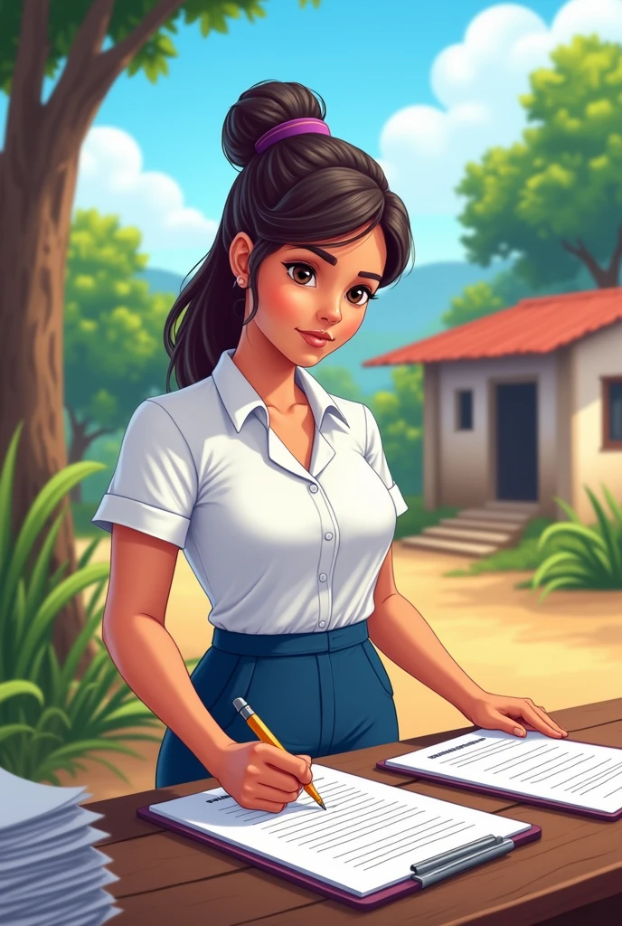 Community nurse in rural Guatemala wearing a white blouse and navy blue pants filling out vaccination forms, cartoon 
