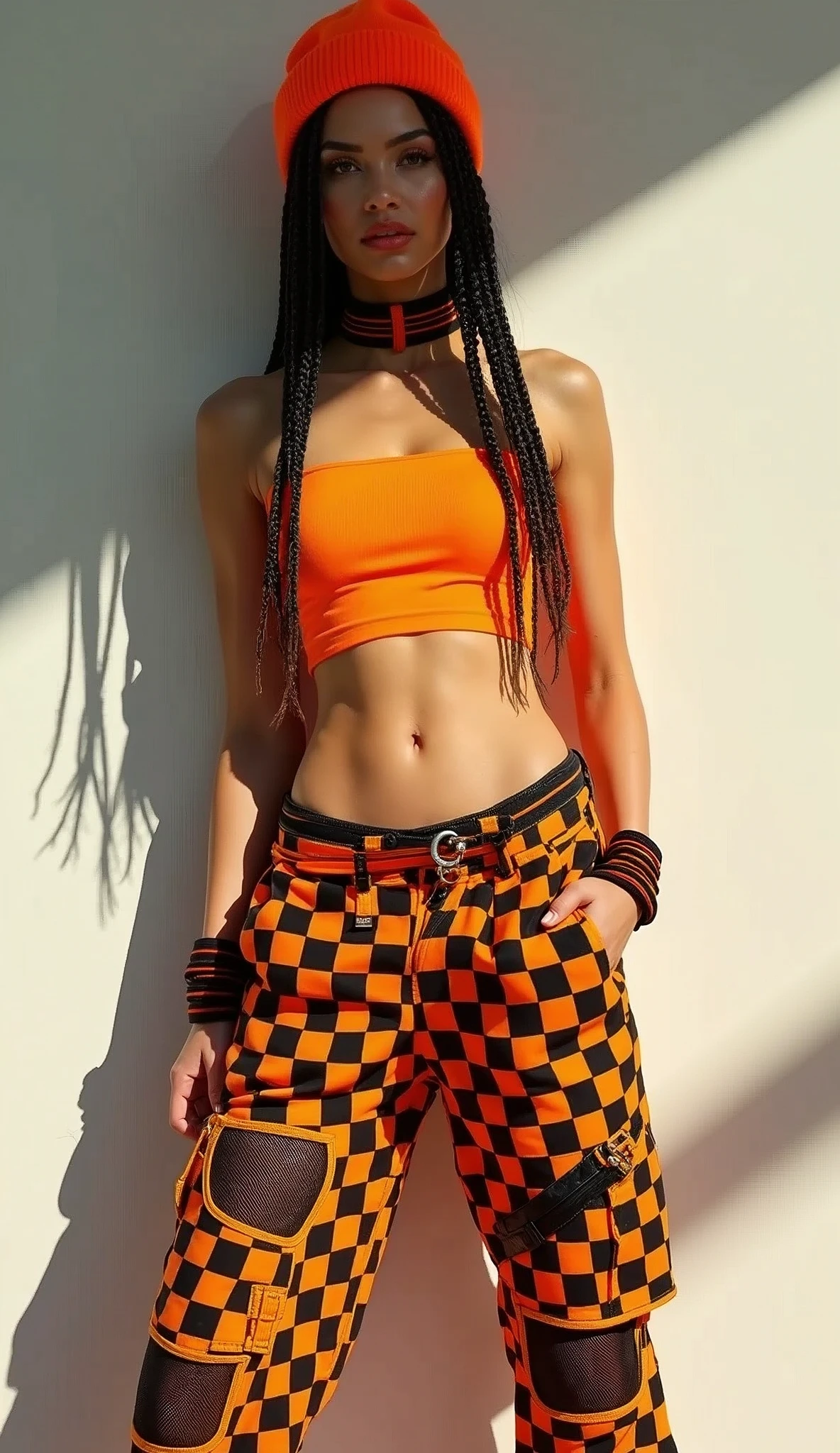 A stylish young woman posing confidently in a vibrant urban outfit. She wears a bright orange crop top paired with checkerboard-patterned cargo pants featuring black mesh overlays. Her accessories include a matching orange beanie and wristbands, along with a long, orange belt adding an edgy touch to her look. The ensemble is completed with white sneakers, and her braided hair adds a dynamic flair to her modern, streetwear aesthetic. The lighting is sharp, casting a strong shadow on the neutral background, emphasizing the bold colors and textures.

((vibrant urban outfit)), ((bright orange crop top)), ((checkerboard cargo pants)), ((black mesh overlays)), ((orange beanie and wristbands)), ((long orange belt)), ((white sneakers)), ((braided hair)), ((sharp lighting)), ((strong shadow)), ((neutral background)) BREAK ((highres:1.5)), ((best quality:1.6)), ((fashion photography:1.4)), ((streetwear aesthetic:1.3)).
