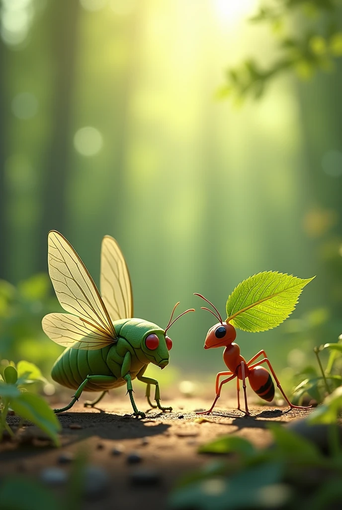 A cicada carrying a leaf and a realistic ant carrying a leaf