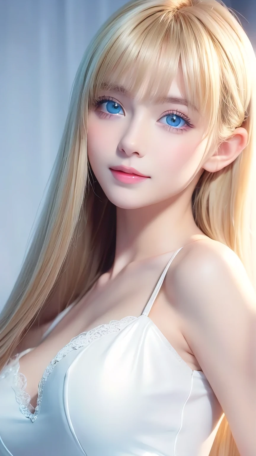 Incredibly bright, white, glossy, beautiful skin、Blonde hair color that changes with reflected light、Bangs between the eyes blocking the view、Glossy highlight on cheeks、sexy, very beautiful, lovely, cute, gorgeous face、The most beautiful face in the world、A beautiful girl、Super long blonde hair、smooth, straight hair、Big Breasts, Sparkling bright sky blue eyes、Beautiful bangs、Her beautiful, cute
