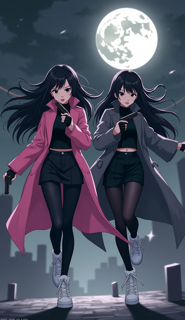 Two young womens, long black hairs, yuri, Vampire Hunters.

The first young women black eyes wear a pink long coat, black shirt, black pencil skirt, black underpants, black tights, black gloves, white sneakers high top.

The second young women black eyes wore a grey long coat, black shirt, black pencil skirt, black underpants, black tights, black gloves, white sneakers high top.

holding a pistol handguns, running, black grey sky, fantastic night sky, moon, cartoon anime, 4K, HD