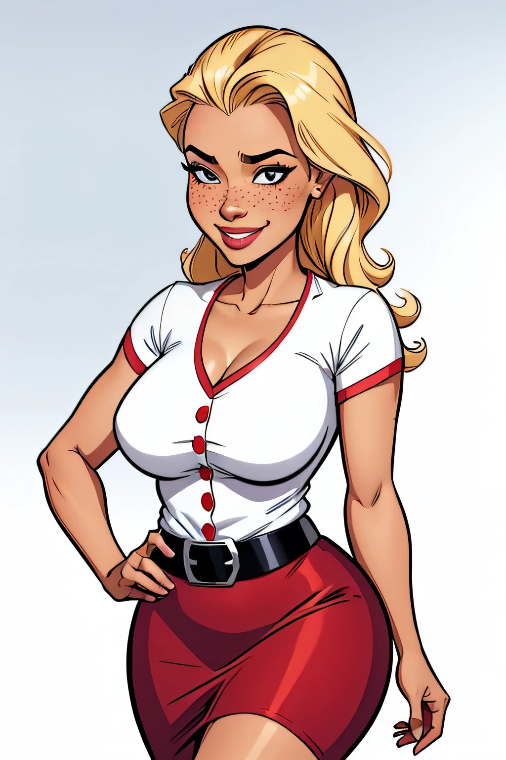 Thin woman, 4K (High definition), beautiful smiling, seducing gaze, looking to the right side, teacher in red dress (of buttons) with V-neck and short sleeves, black belt and midi skirt, pele caucasiana, shoulder length blonde hair, standing, curvy with freckles and little beads of sweat running down her forehead and chest. marvel style, white background.