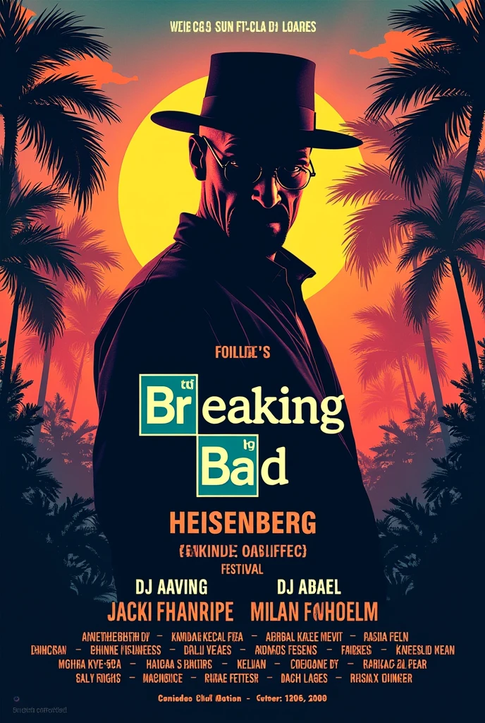 Create 5 flyer ideas for a nightclub party inspired by Breaking Bad, Create a music festival flyer inspired by Breaking Bad, which includes Heisenberg, in tropical style and bearing the name of 5 DJs and space for their photos.