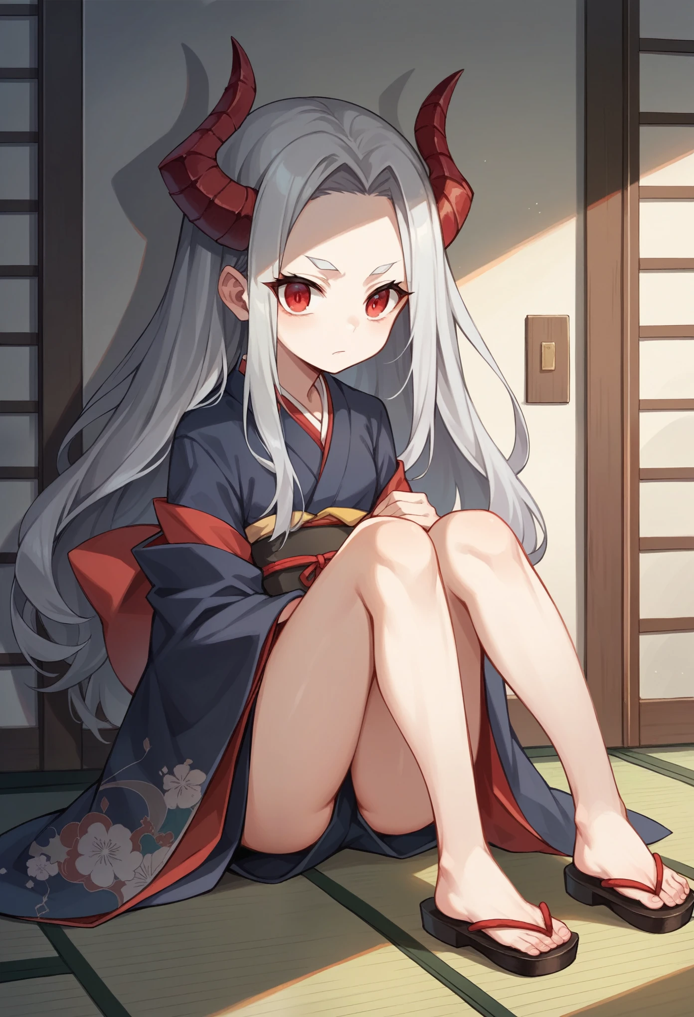 (masterpiece:1.2, Highest quality),(Anime Style),Visible from the knees to the head,Demon horns growing from the forehead,Young Girl,Japanese-style room,Red Eyes,Gray Hair,Long Hair,kimono