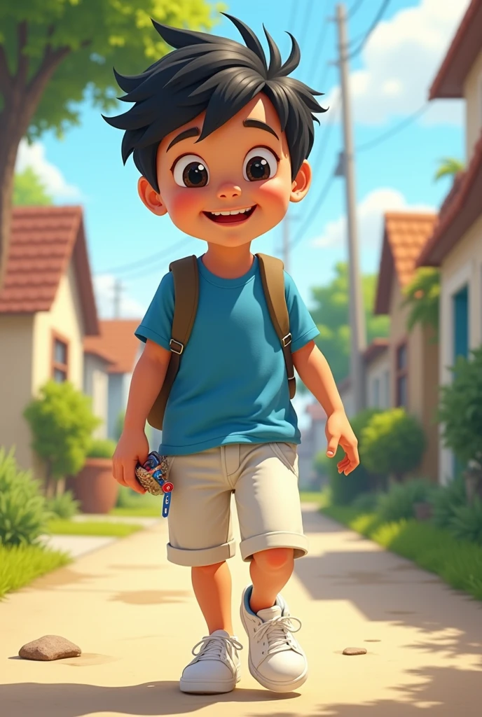 a boy with black hair, black eyes, wearing a blue shirt and white shorts and white sneakers with a toy in his hand, returning home with a shiny stone in his pocket, smiling.