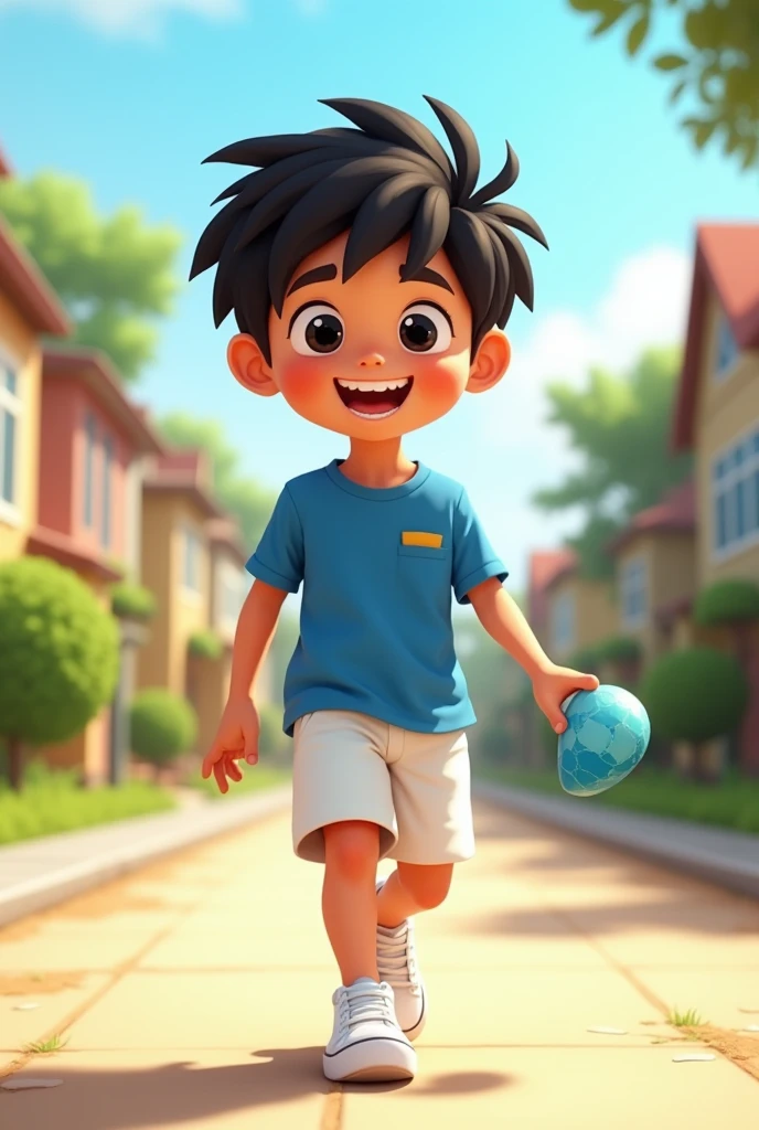 a boy with black hair, black eyes, wearing a blue shirt and white shorts and white sneakers with a toy in his hand, returning home with a shiny stone in his pocket, smiling.