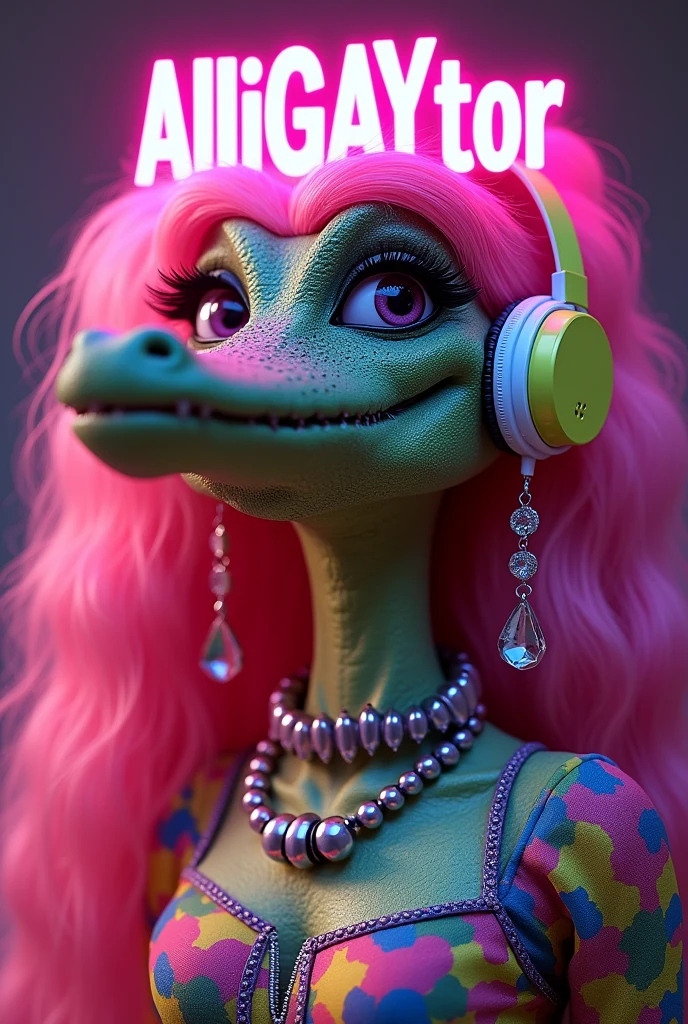 A character with features of the ultra realistic adult alligator courage dog cartoon,drag Queen from the interior of Minas Gerais ...dressed in flashy peasant clothes,very large gamer headphones in Neon ,large neon earrings matching the headphones .. full lips with lip filler and lots of makeup . Large gel nails ,very eye-catching ,all matching the LGBT flag. Long pink straight curly wigs....Character wearing an elegant diamond necklace..Full body
With the pink neon logo that says 'AlliGAYtor' in the foreground, gigantic,de corpo inteiro