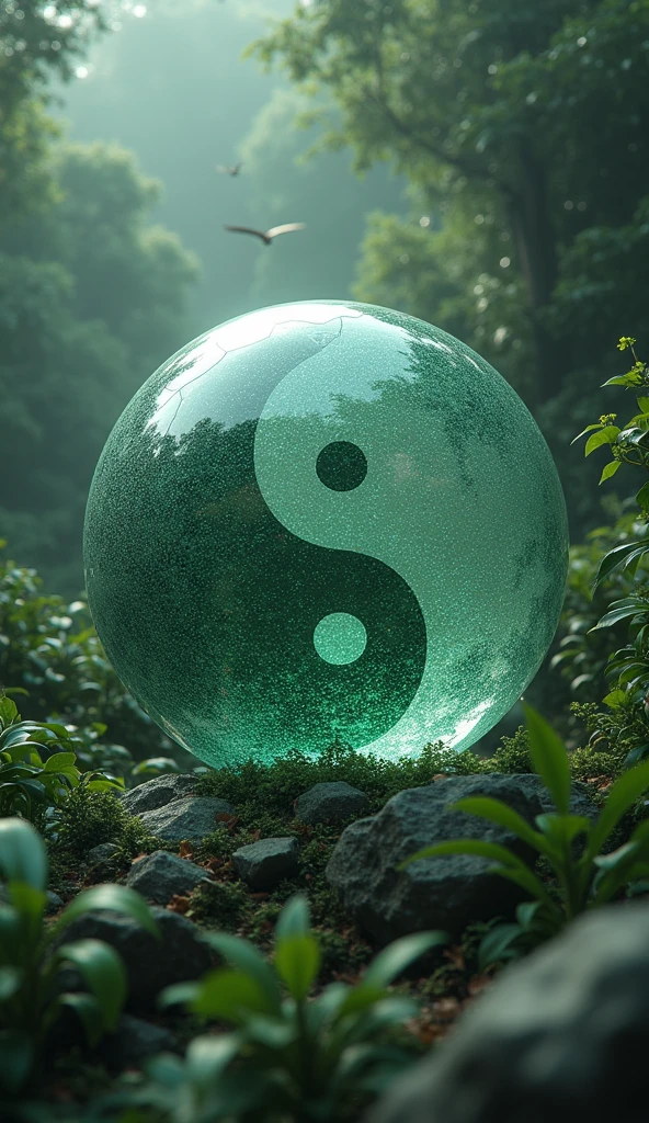 There is a title "TAIJITU" written in the center of the logo, classical, green, wild, rustic, forest, jungle, plants, animals, strong, realistic, 8k ultra HD, technology, nano tech, silver, white, crystal clear, 3D, mythology, Sci-Fi, cool, Storm, Winter, globe, yin yang, small birds, logo word "TAIJITU"