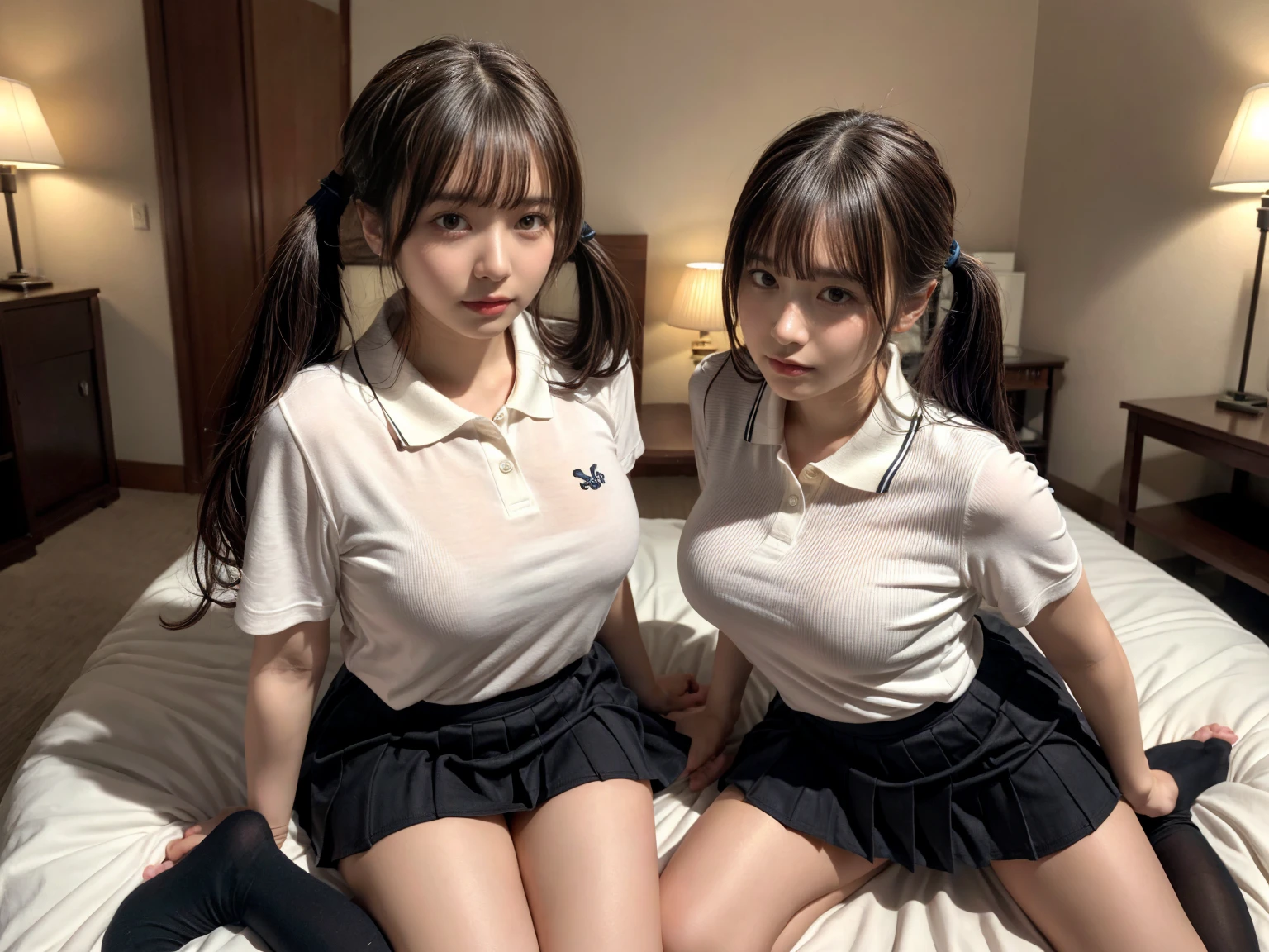 masterpiece, best quality, illustration, Super detailed, fine details, High resolution, 8K,wall paper, perfect dynamic composition,(Details High quality, realistic depiction of eyes:1.3), (2 girls), (collared polo shirt), pleated skirt, knee high socks, twin tails, in a hotel room in the background, deep on field, large breasts, black hair color, Big Natural Color Lip, (perfect body shape), crying a little、Harajuku style、20 year old girl、cute type、beautiful legs, Gravure Idol