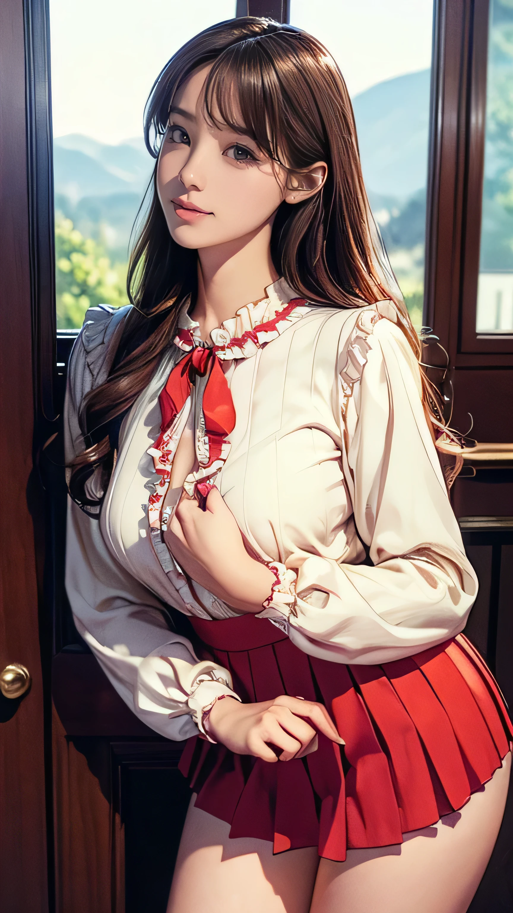 (masterpiece:1.2, Highest quality), (Realistic, photoRealistic:1.4), Beautiful illustrations, (Natural Side Lighting, Cinema Lighting), Beautiful thighs, Front view, 1 person, 26 years old, Perfect Face, Symmetrical cute face, Glowing Skin, Big eyes, long eyelashes chest), thin, expensive、 Beautiful Hair, Beautiful Face, Beautiful and beautiful eyes, Beautiful clavicle, Beautiful body, Beautiful breasts, Beautiful thighs, Beautiful feet, Beautiful fingers, ((High quality fabric, Red button up blouse、Vertical frills、Long sleeve、Big ribbon、Red Mini Pleated Skirt)), (Beautiful views),Are standing, (smile, wonderful, Open your mouth),((Long brown hair、Loosely curled inward hair、Long hair that reaches down to the waist:1.4))、The right hand is touching the chin.、